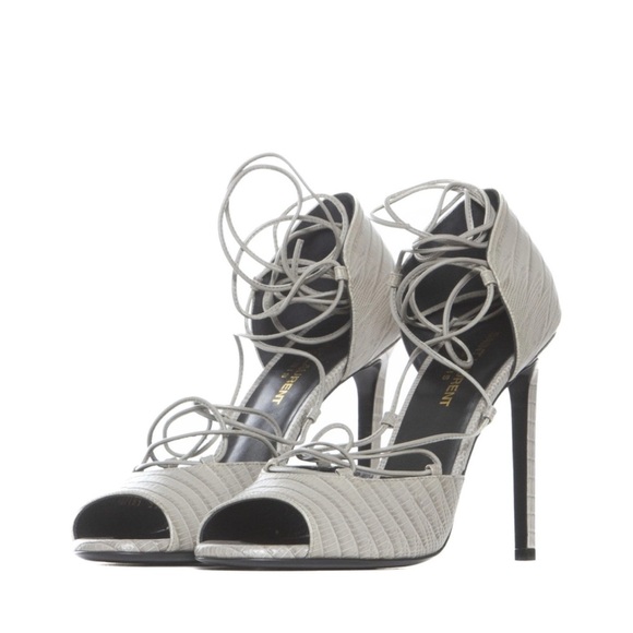 Saint Laurent Embossed Leather Gladiator Open Toe Heels Gray lace up ankle Wrap - Picture 1 of 10